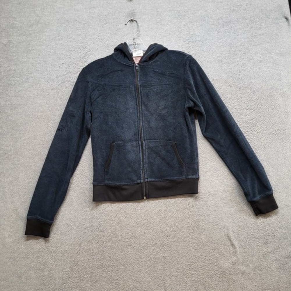 Juicy‎ Couture Women Sweatshirt Small Blue Y2K Velour Cropped Hoodie Mock Neck